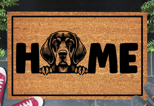 Bluetick Coonhound doormat with HOME text - natural coir welcome mat with Bluetick Coonhound design - 3 sizes available