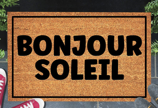 Bonjour Soleil French welcome doormat - natural coir mat with non-slip backing - 16x24 size in entryway