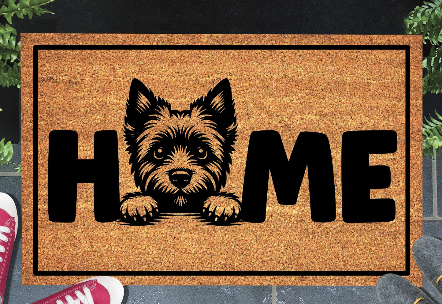 Cairn Terrier doormat #1 on front porch entryway