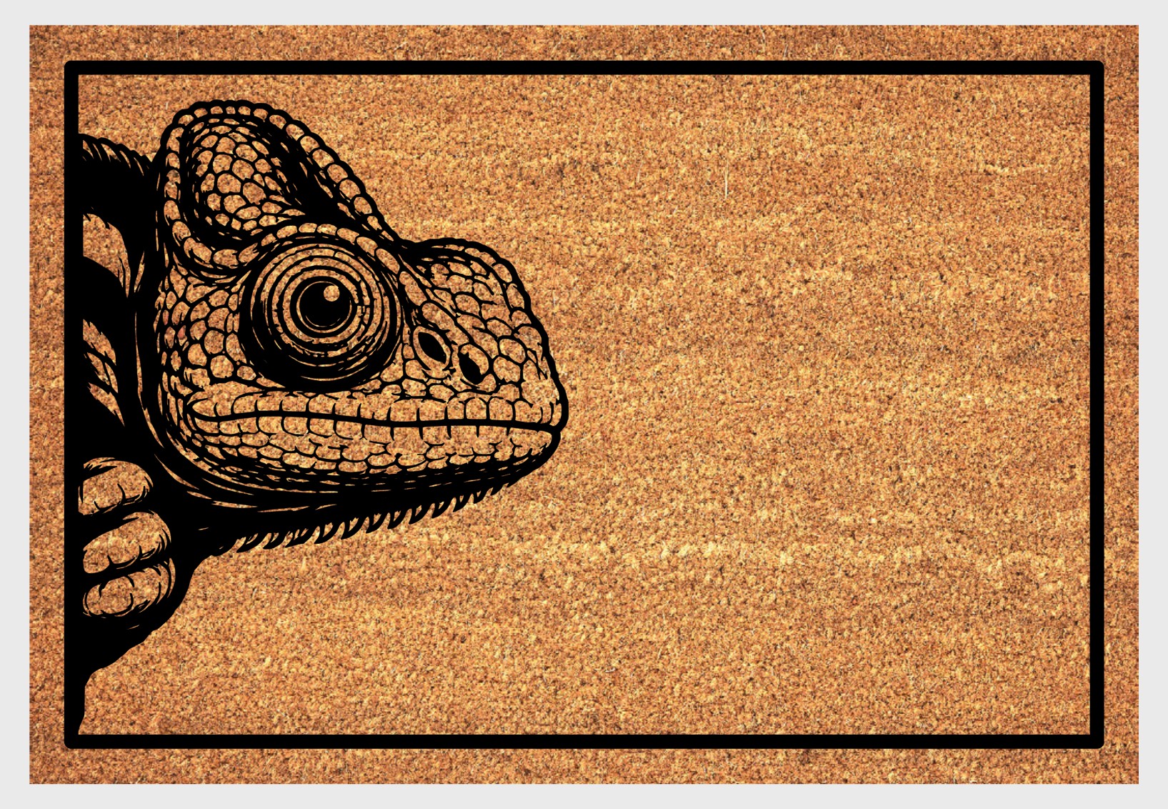 Chameleon peeking doormat close-up - natural coir with peeping chameleon design