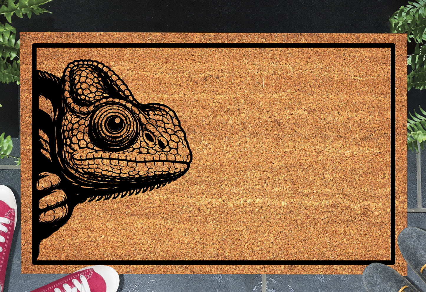 Chameleon peeking doormat in entryway - 16x24 size