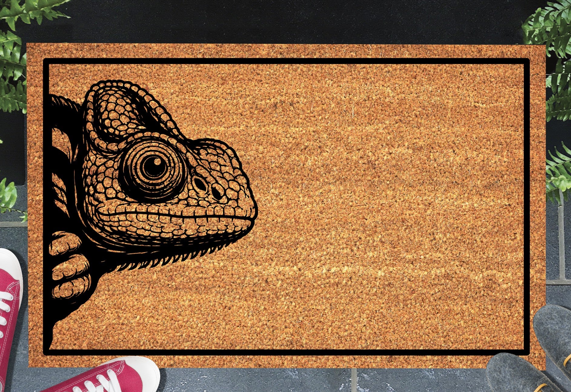 Chameleon peeking doormat in entryway - 16x24 size