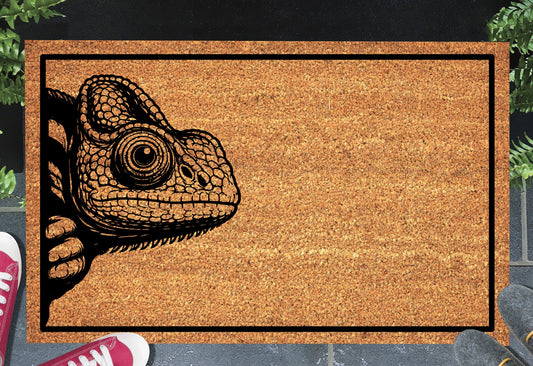 Chameleon peeking doormat in entryway - 16x24 size