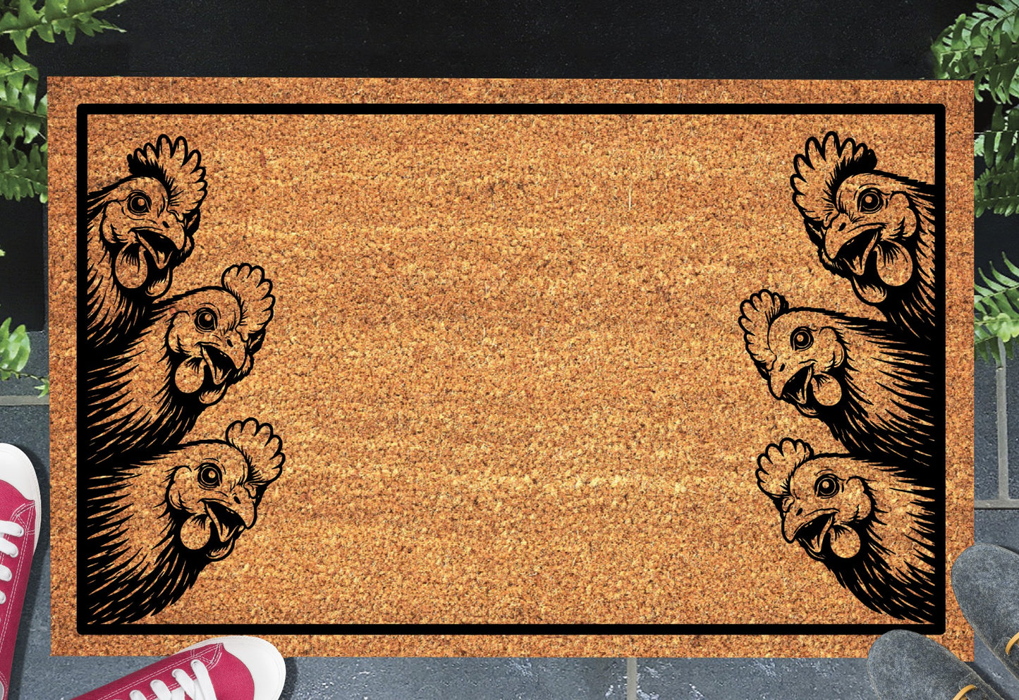 Chickens Peeking coir doormat placed at front door entrance