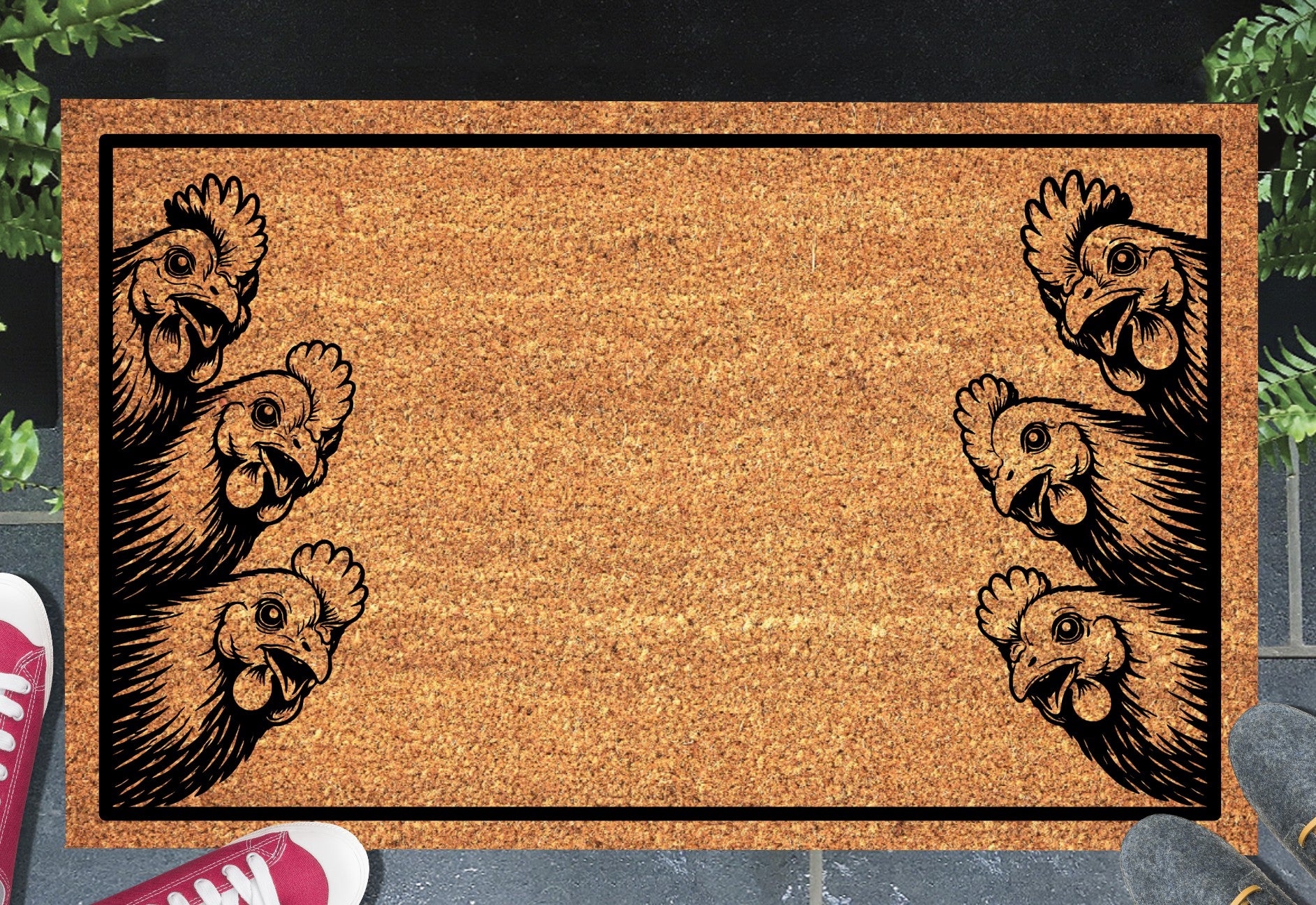Chickens Peeking coir doormat placed at front door entrance