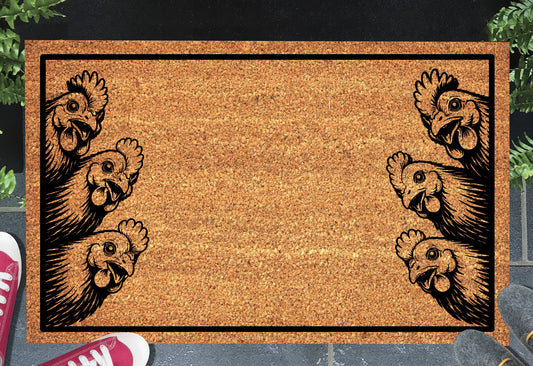 Chickens Peeking coir doormat placed at front door entrance