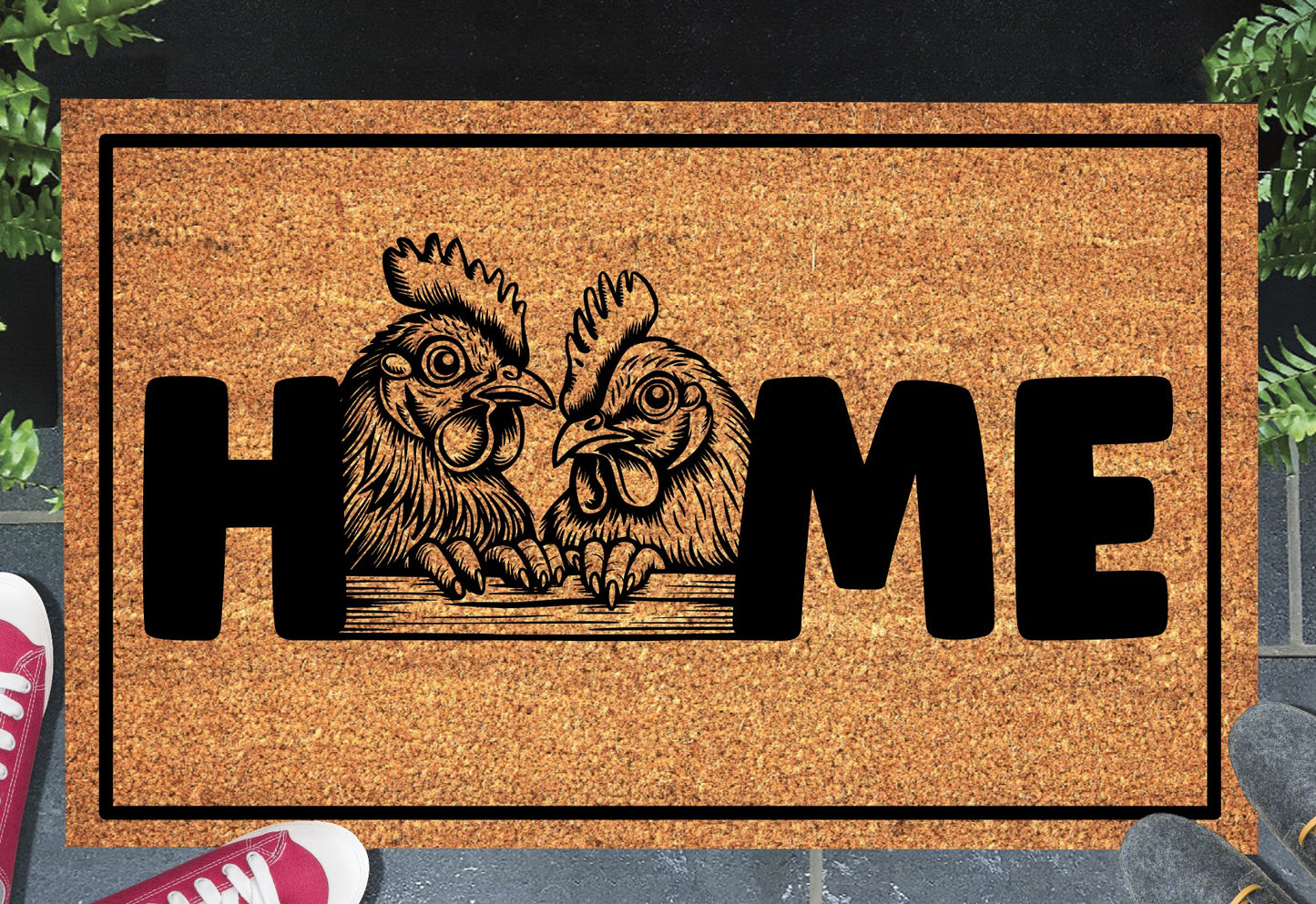 Chicken and Rooster doormat #2 on front porch entryway