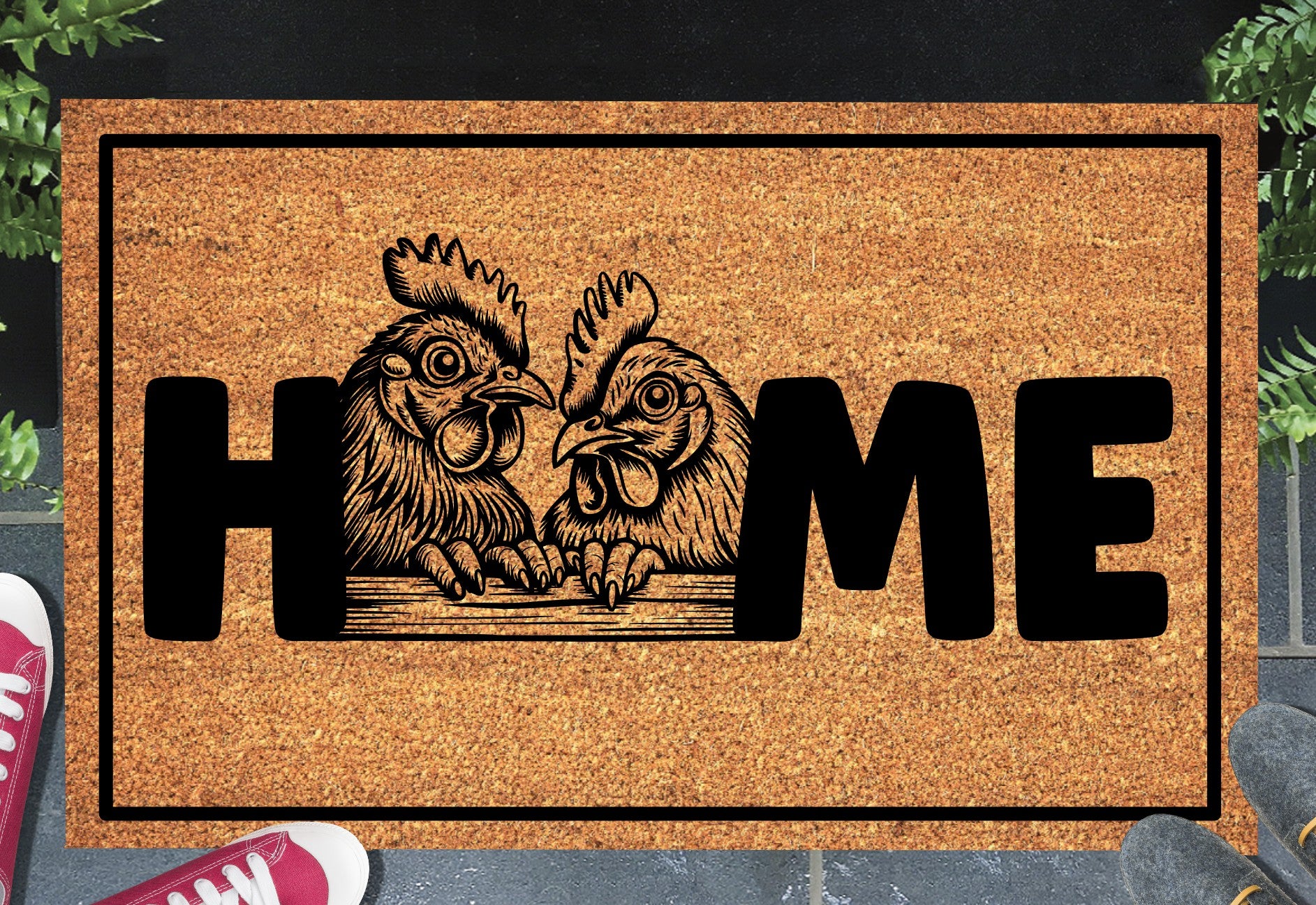 Chicken and Rooster doormat #2 on front porch entryway