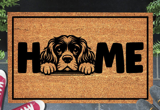 Cocker Spaniel doormat #1 with home text placed at front door entryway