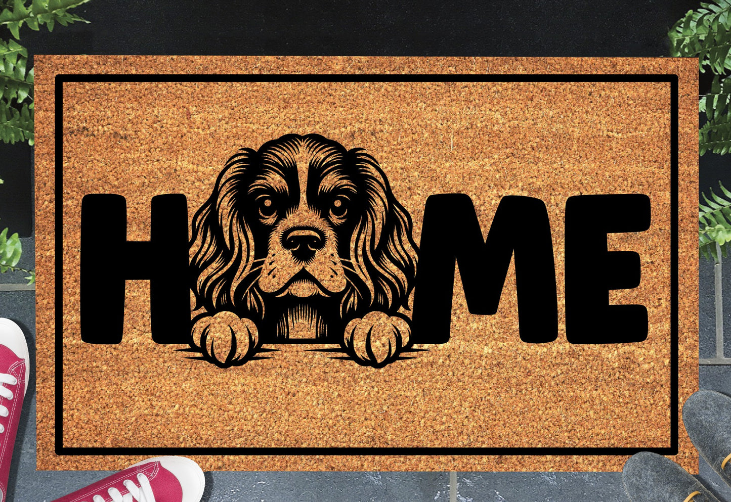 Cocker Spaniel doormat #2 with home text placed at front door entryway