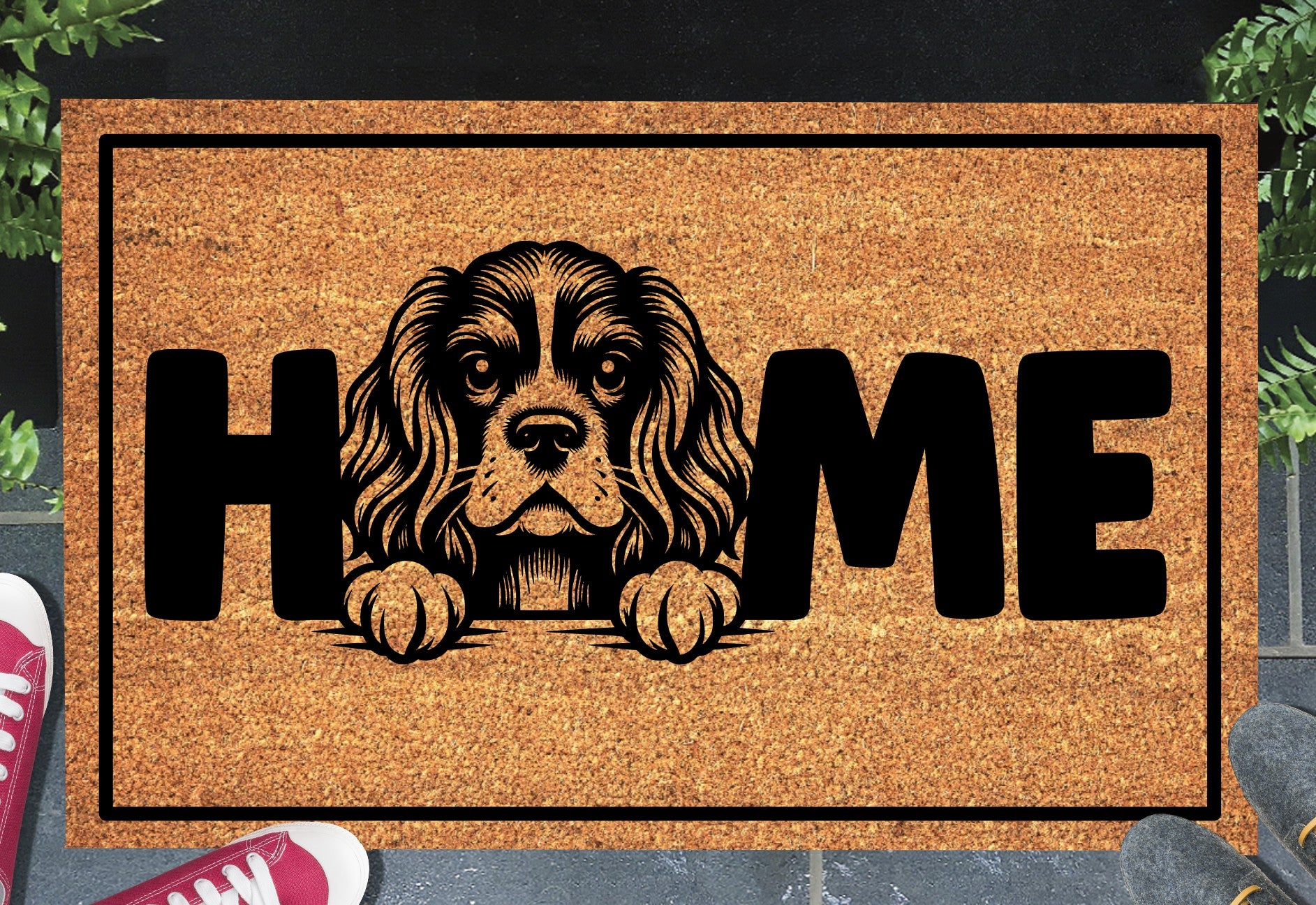 Cocker Spaniel doormat #2 with home text placed at front door entryway