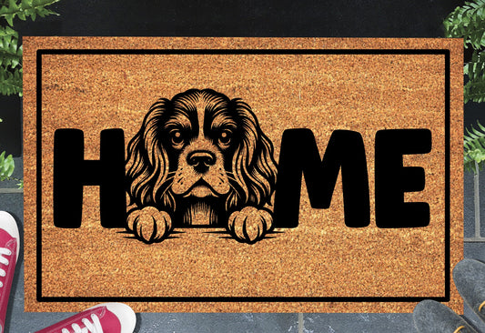 Cocker Spaniel doormat #2 with home text placed at front door entryway