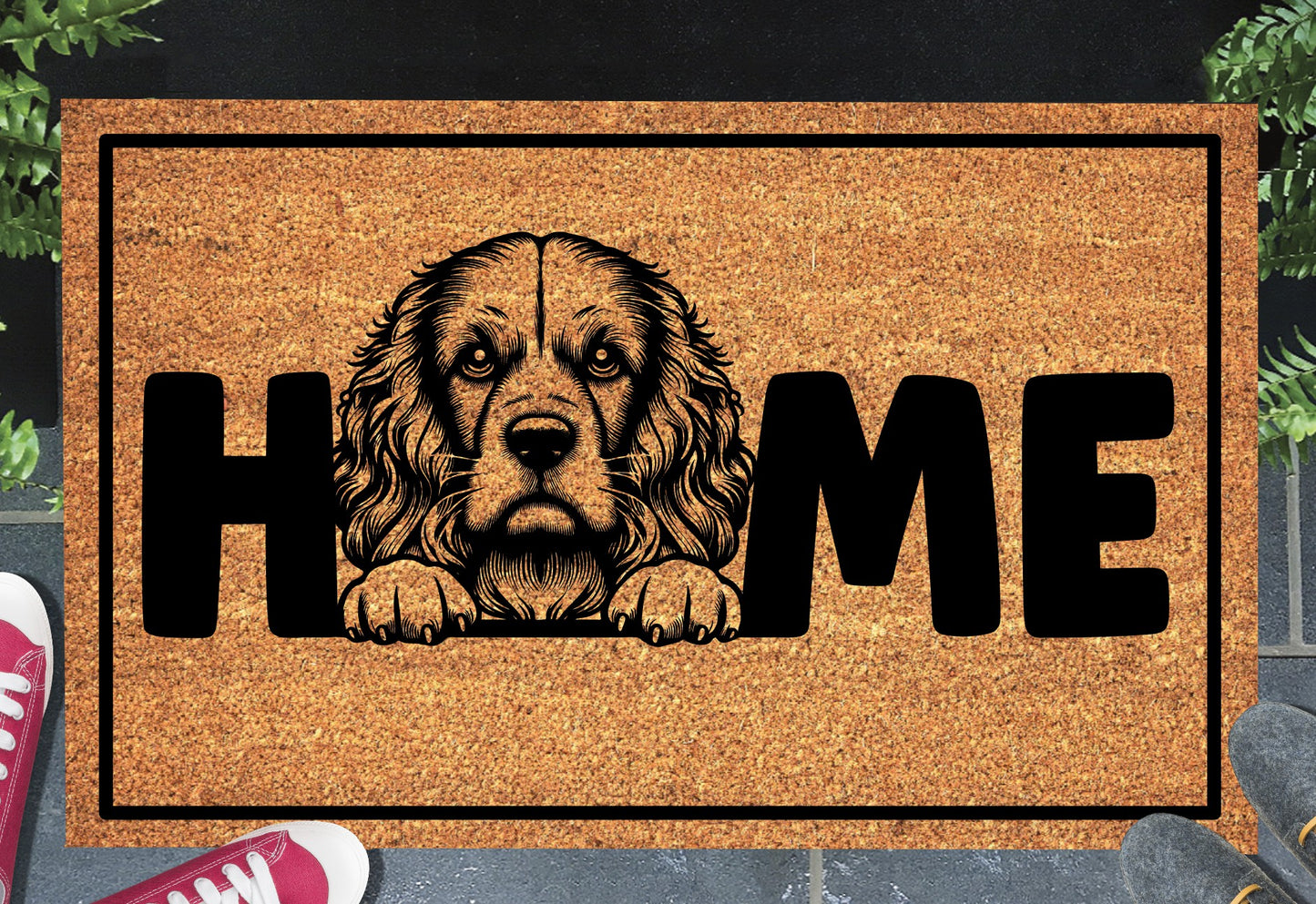 Cocker Spaniel doormat #3 with home text placed at front door entryway