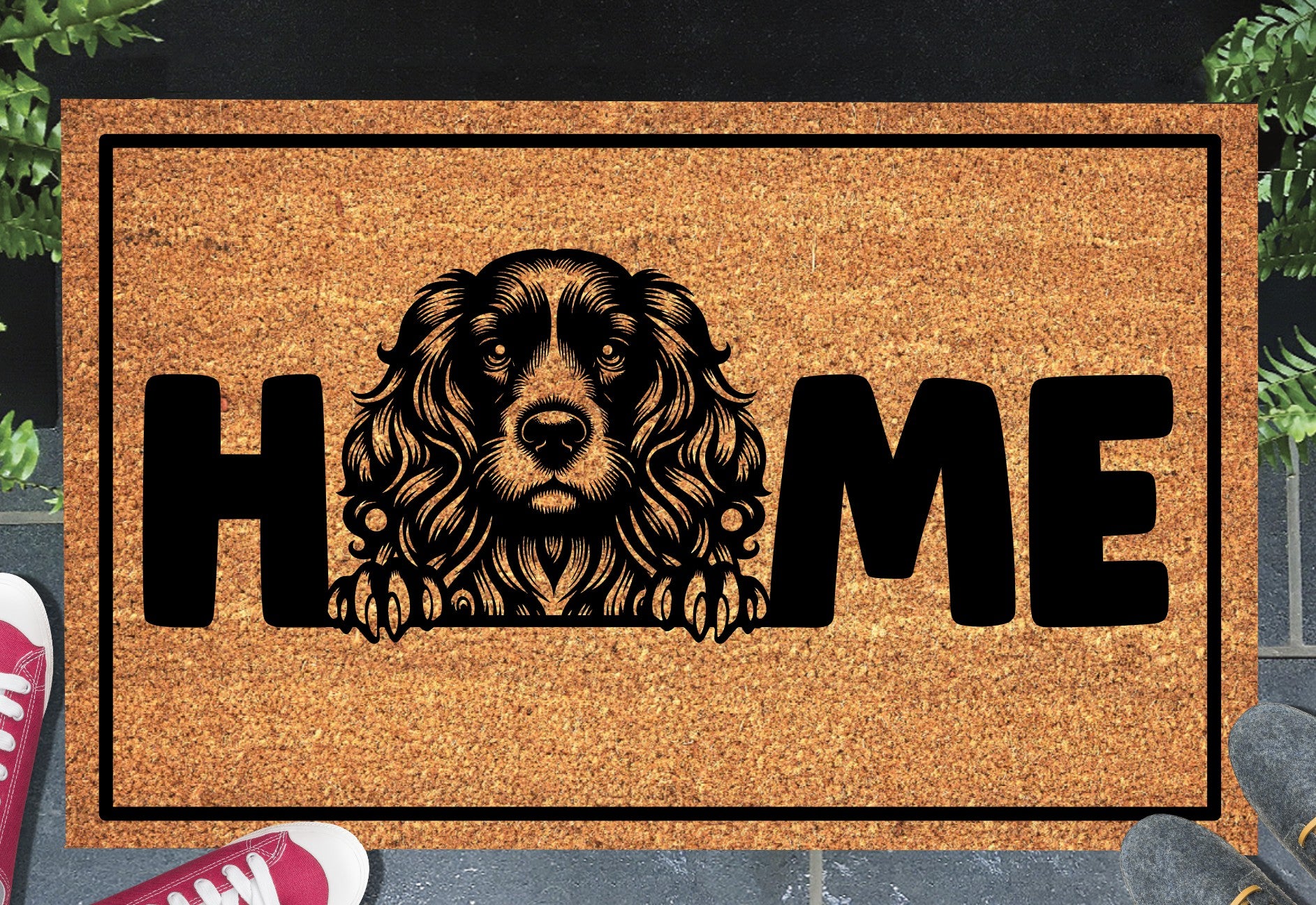 Cocker Spaniel doormat #4 with home text placed at front door entryway
