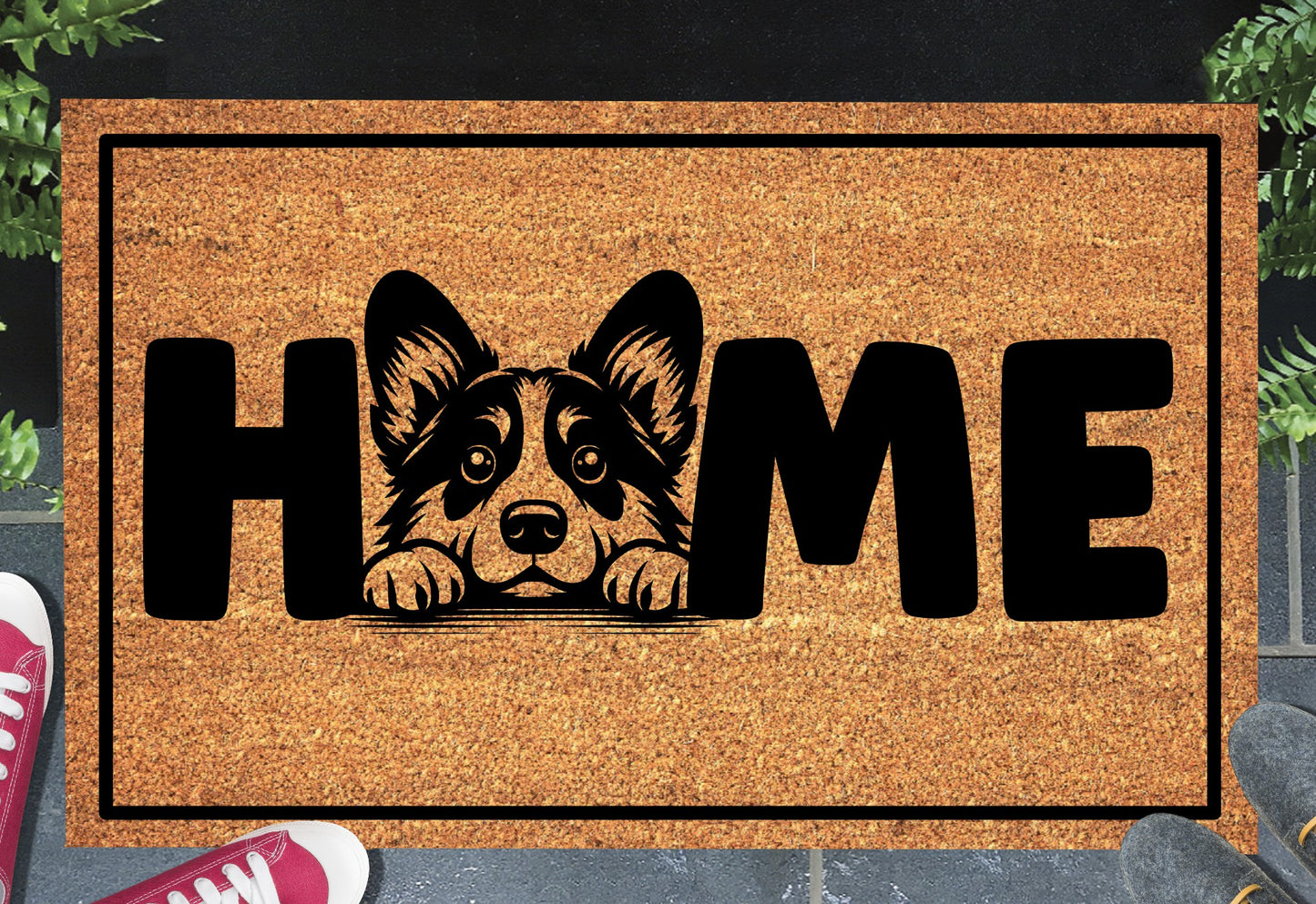Corgi doormat #1 on front porch entryway