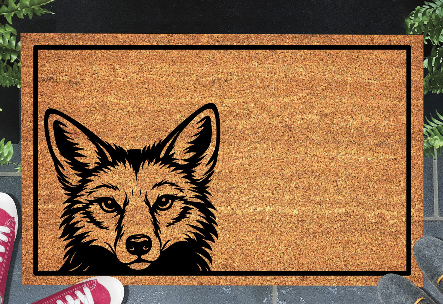 Peeking coyote doormat #1 on front porch entryway