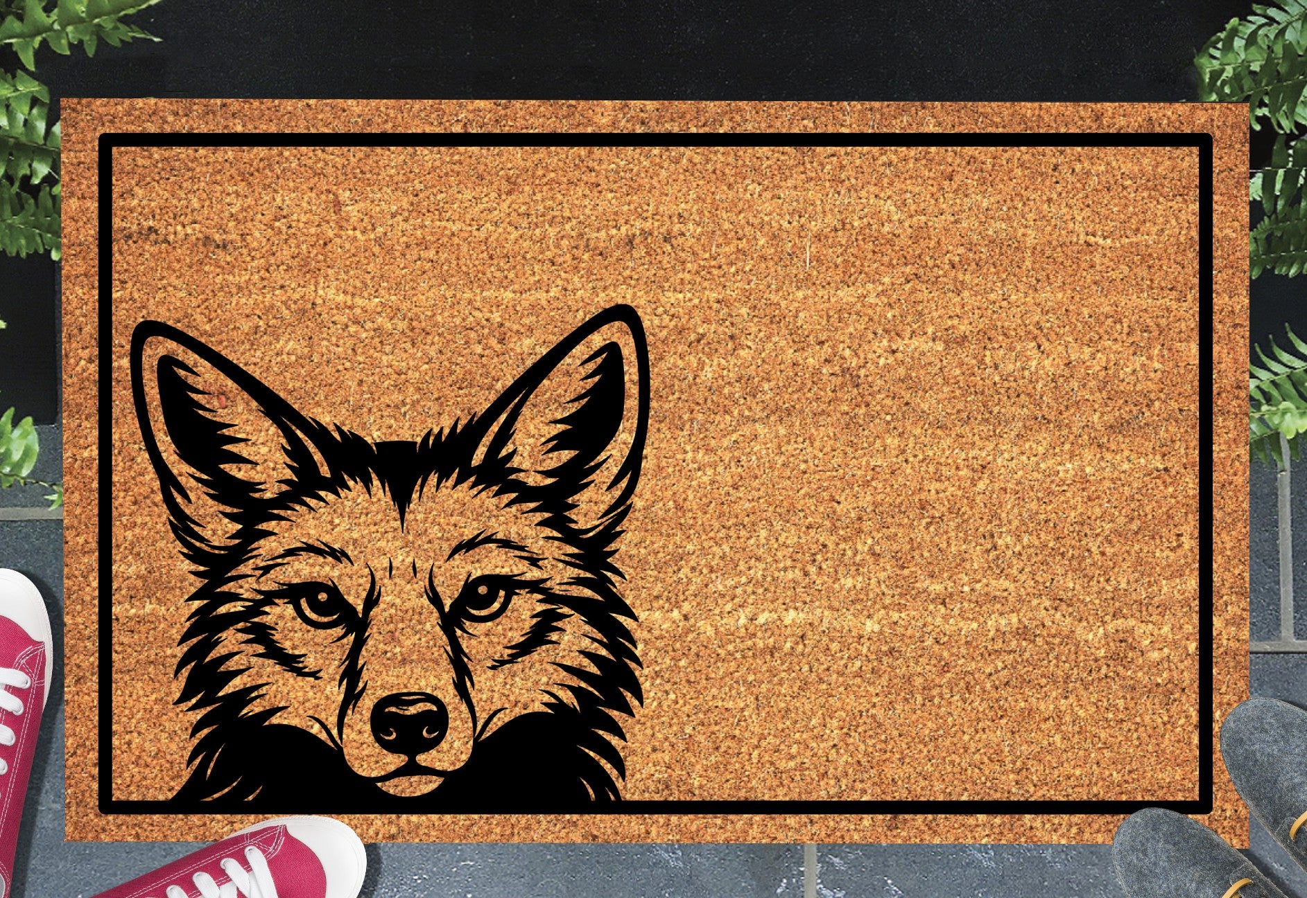 Peeking coyote doormat #1 on front porch entryway