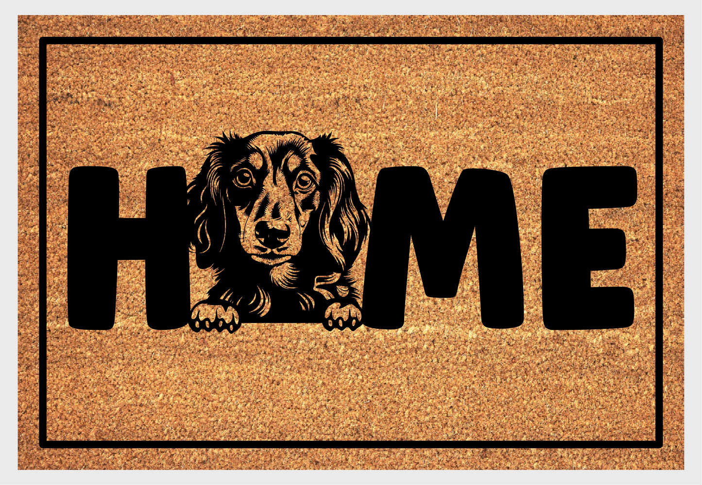 Long Haired Dachshund coir doormat #1 with HOME text and dog breed design