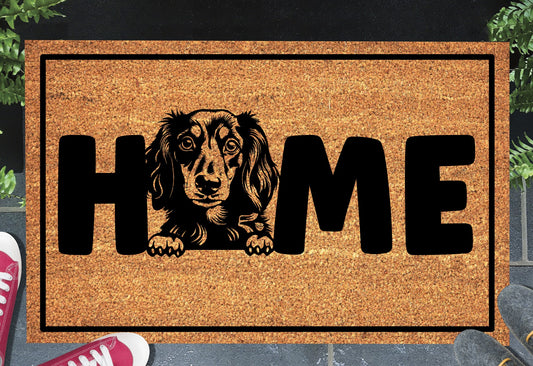 Long Haired Dachshund doormat #1 on front porch entryway