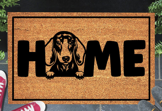 Short Haired Dachshund doormat #2 on front porch entryway