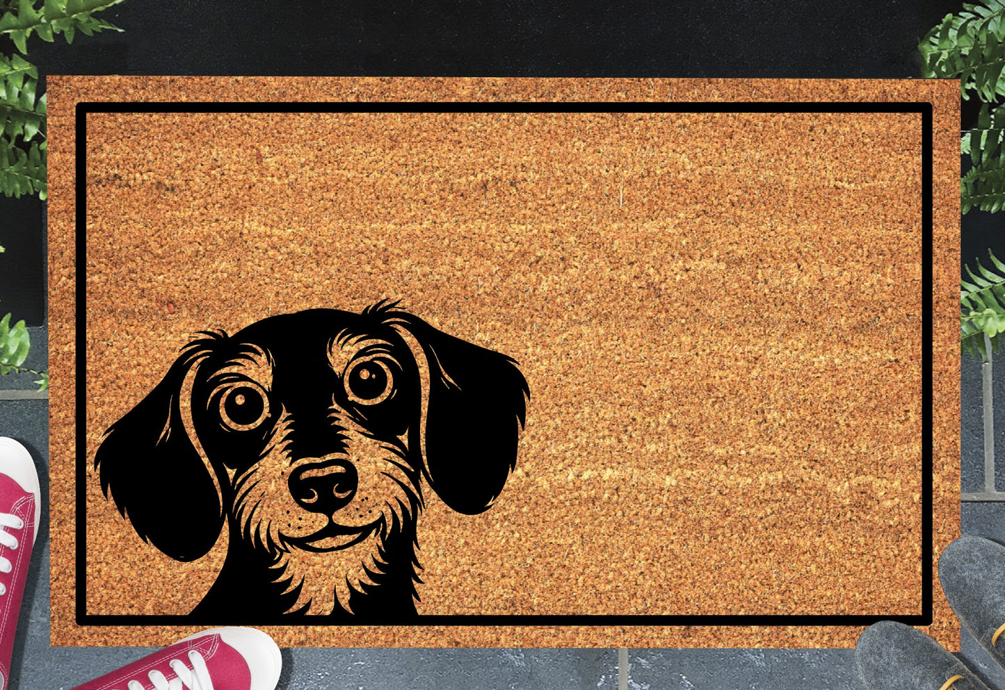Peeking Dachshund doormat #1 with dog peeping over edge placed at front door entryway