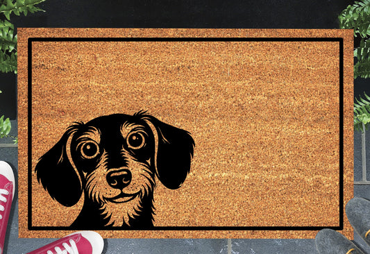 Peeking Dachshund doormat #1 with dog peeping over edge placed at front door entryway