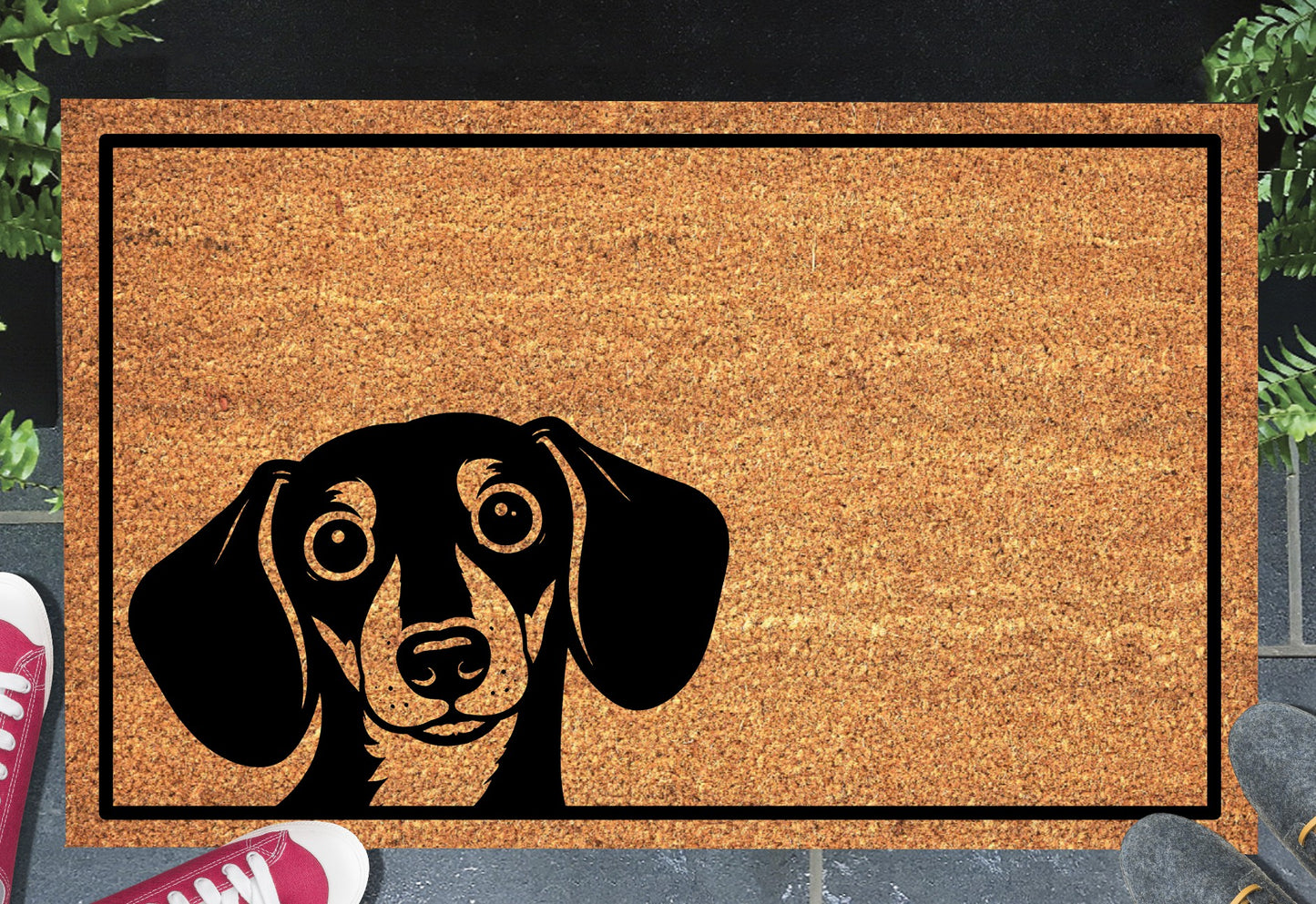 Peeking Dachshund doormat #2 with dog peeping over edge placed at front door entryway