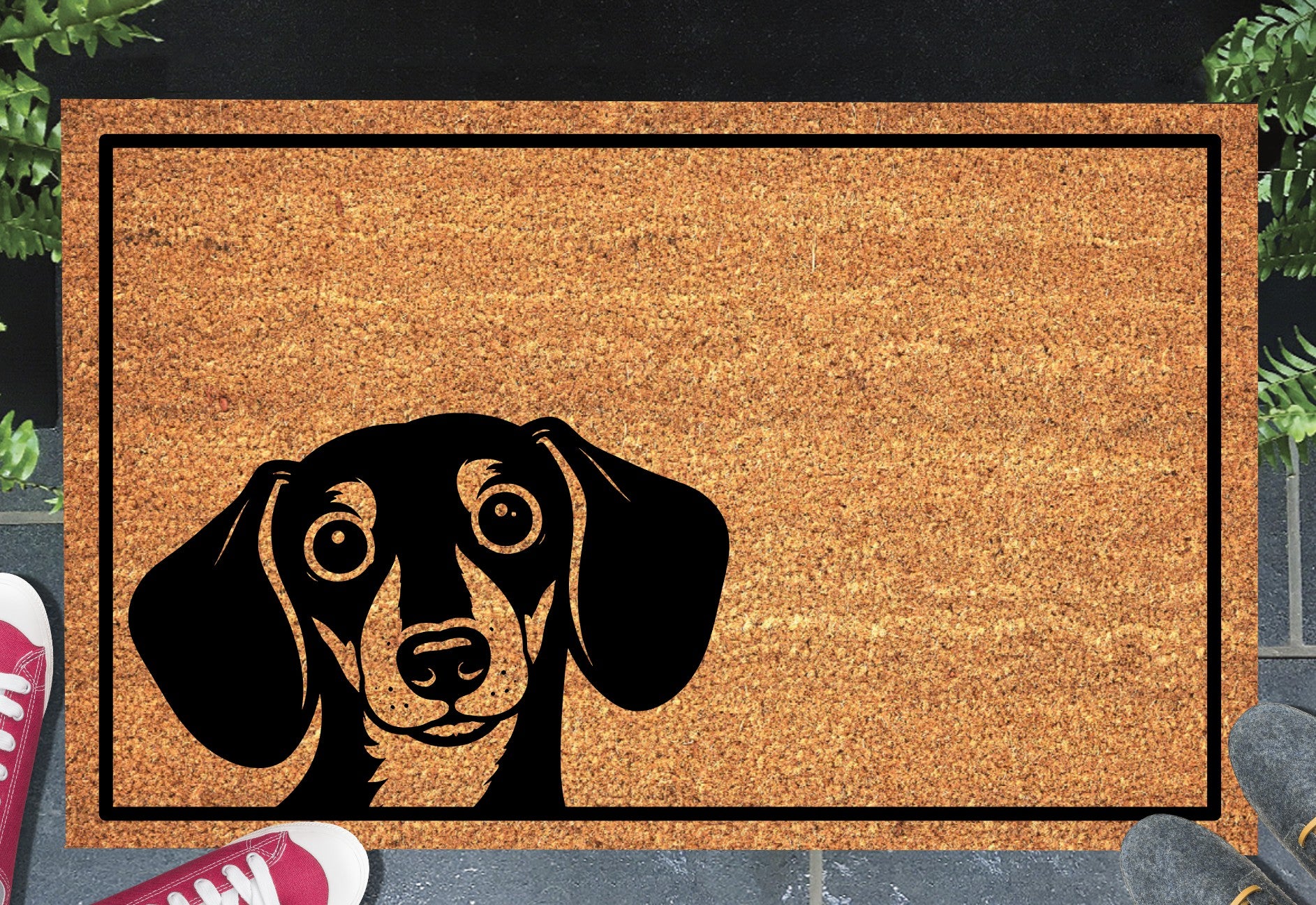 Peeking Dachshund doormat #2 with dog peeping over edge placed at front door entryway