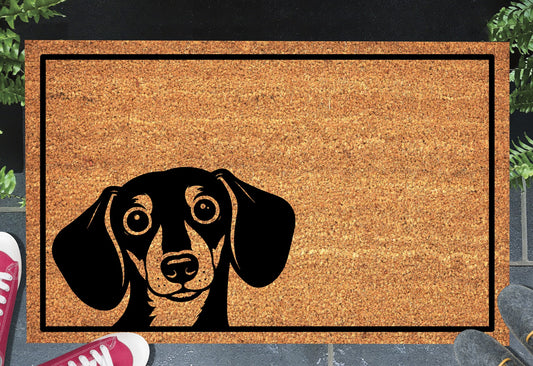 Peeking Dachshund doormat #2 with dog peeping over edge placed at front door entryway