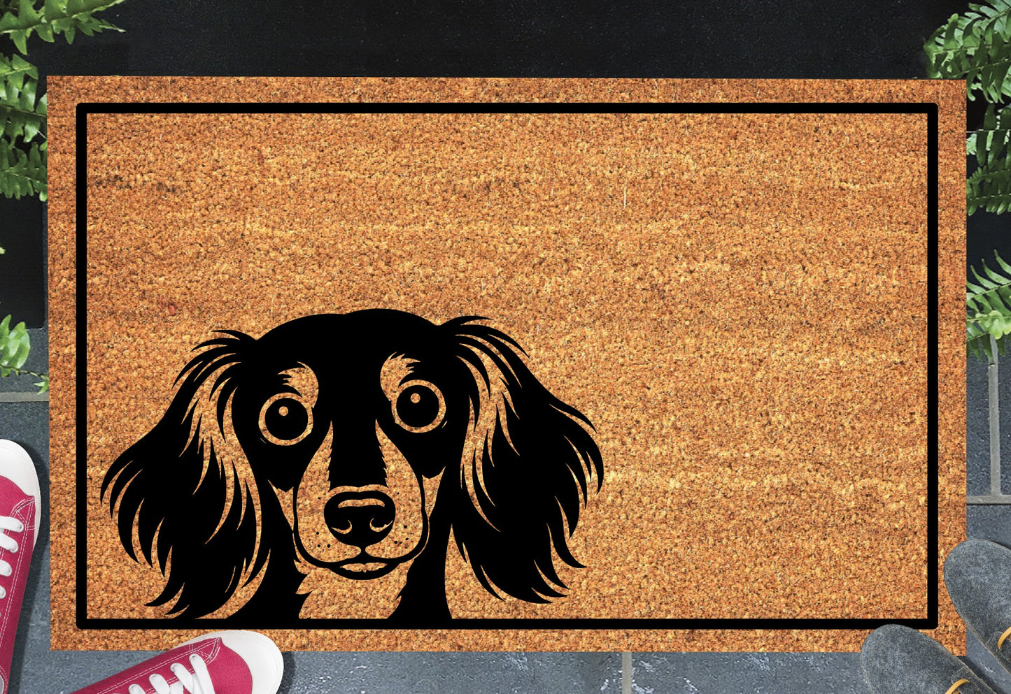 Peeking Dachshund doormat #3 with dog peeping over edge placed at front door entryway