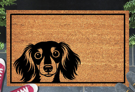 Peeking Dachshund doormat #3 with dog peeping over edge placed at front door entryway