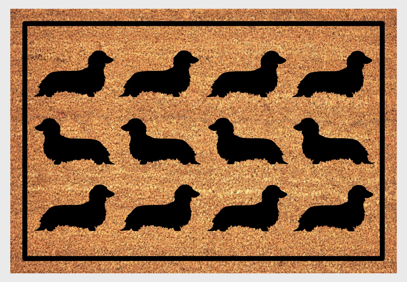 Long hair dachshund silhouette coir doormat #2 showing repeating pattern design - 16x24 size