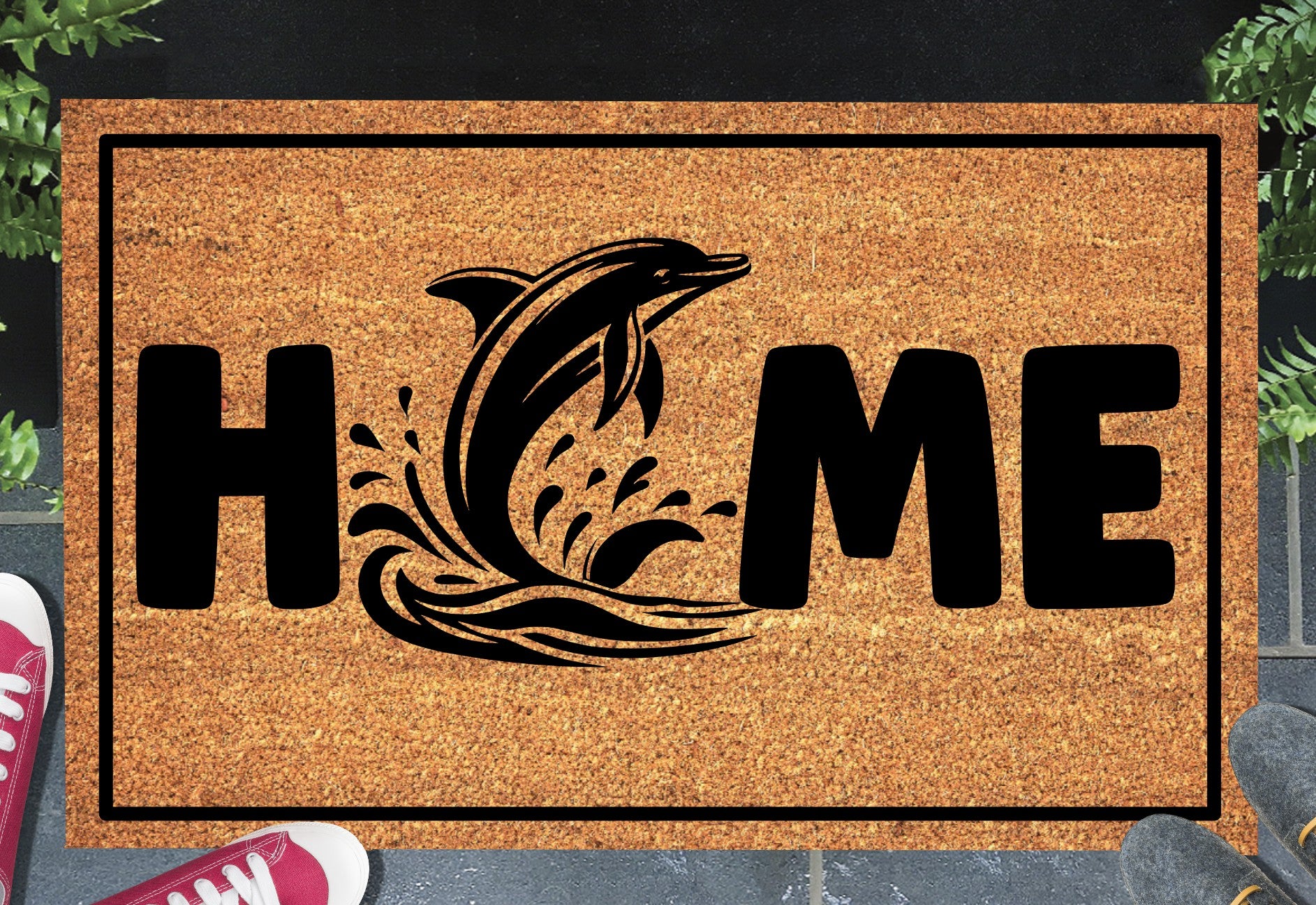 Dolphin doormat #1 with home text placed at front door entryway