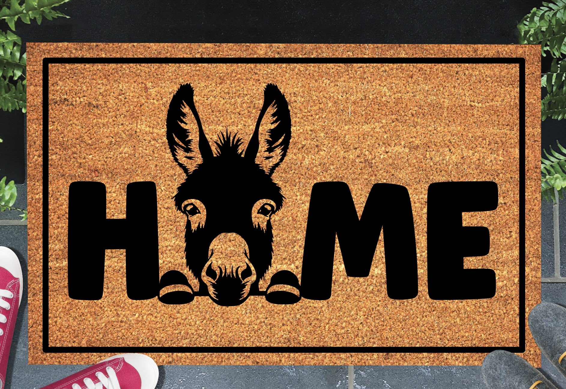 Donkey doormat #1 with home text placed at front door entryway