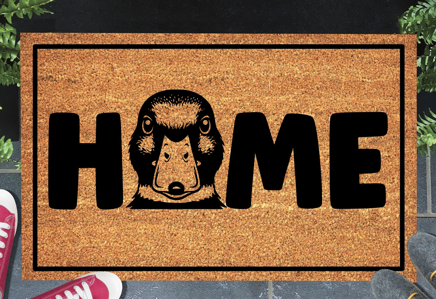 Duck doormat #3 on front porch entryway with HOME text