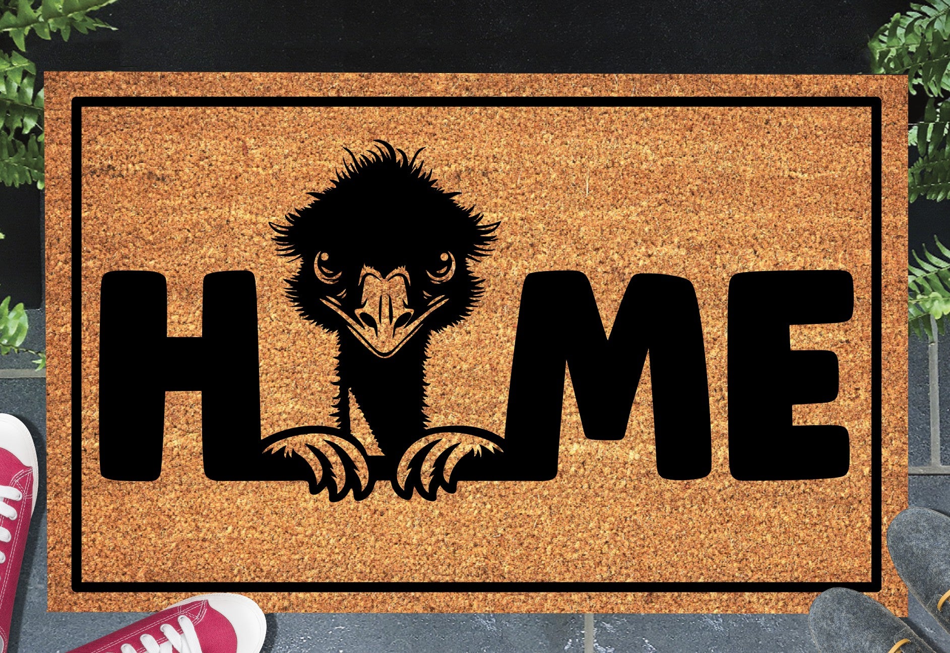 Emu doormat #1 with home text placed at front door entryway