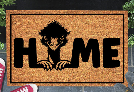 Emu doormat #1 with home text placed at front door entryway