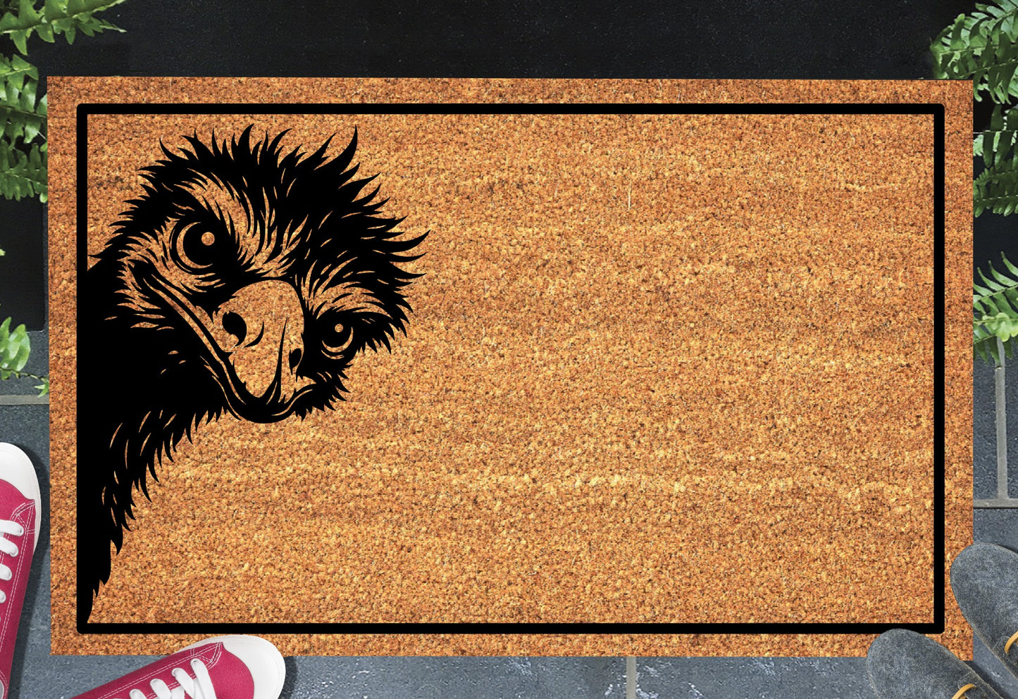 Peeking emu doormat #1 on front porch entryway
