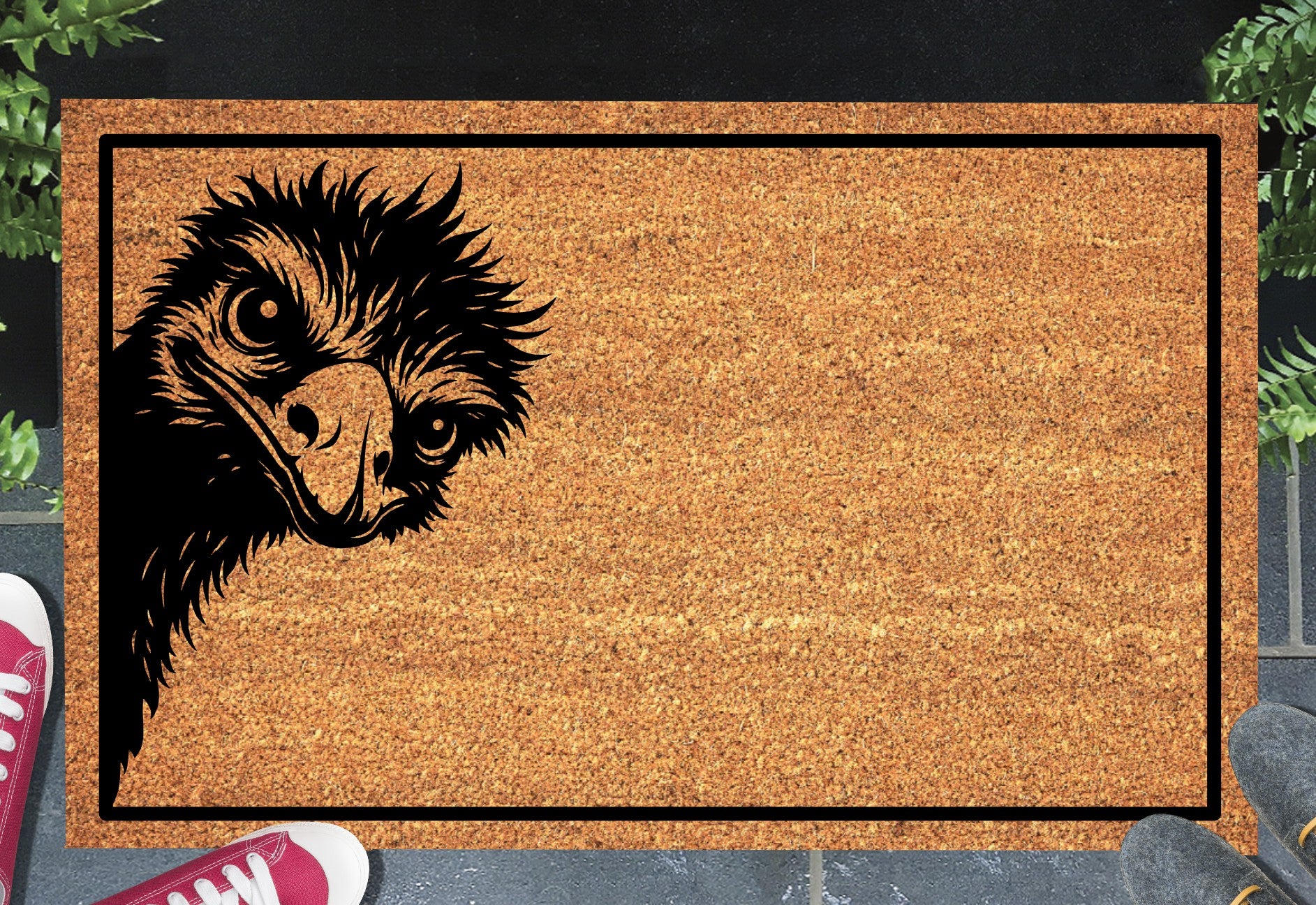 Peeking emu doormat #1 on front porch entryway