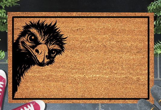 Peeking emu doormat #1 on front porch entryway