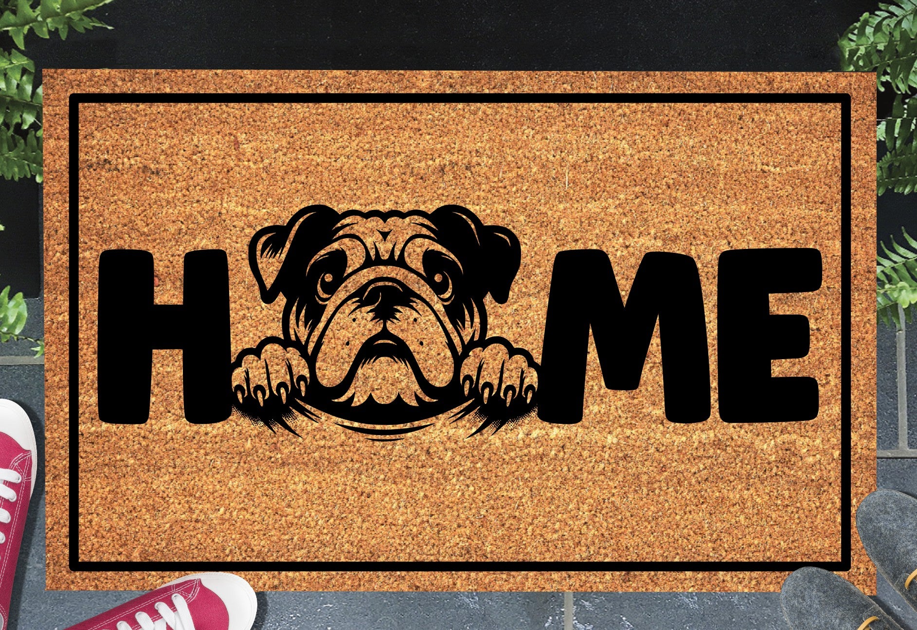 English Bulldog doormat #2 with home text placed at front door entryway