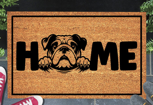 English Bulldog doormat #2 with home text placed at front door entryway