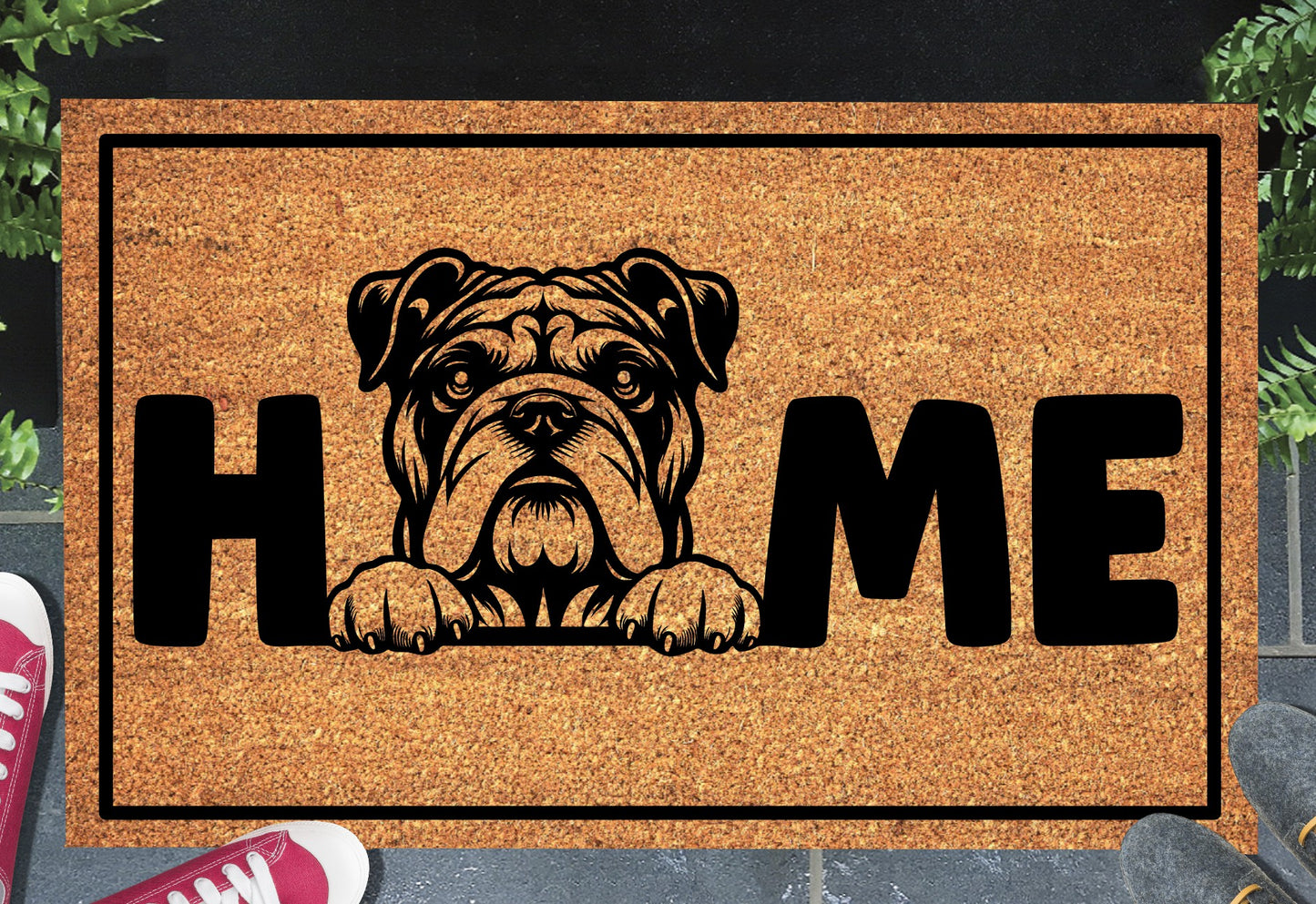 English Bulldog doormat #3 with home text placed at front door entryway