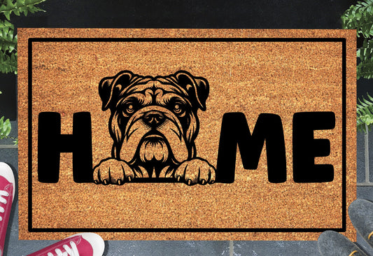English Bulldog doormat #3 with home text placed at front door entryway