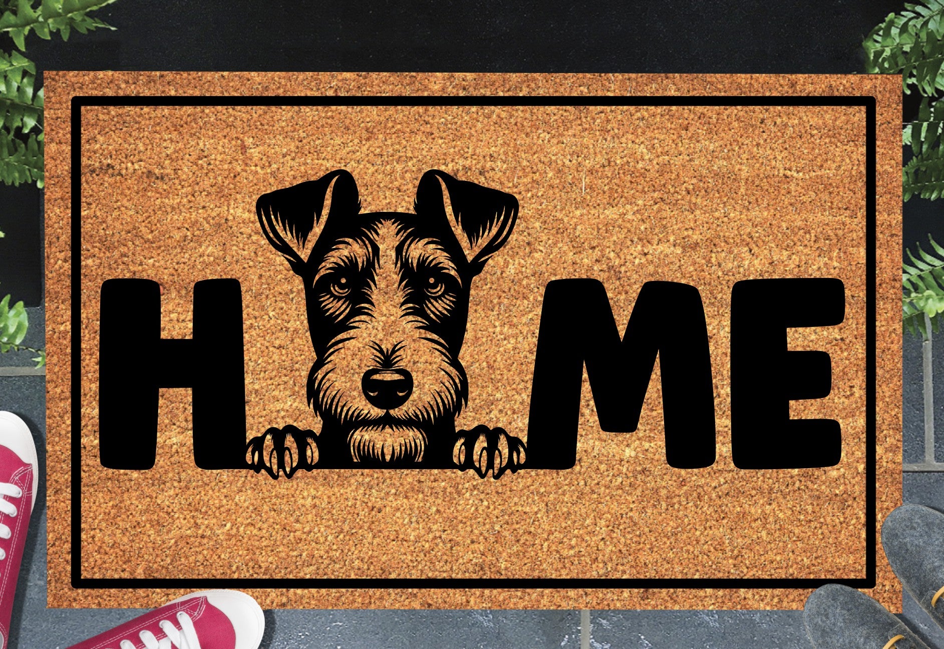 Fox Terrier doormat with HOME text - natural coir welcome mat with Fox Terrier design - 3 sizes available
