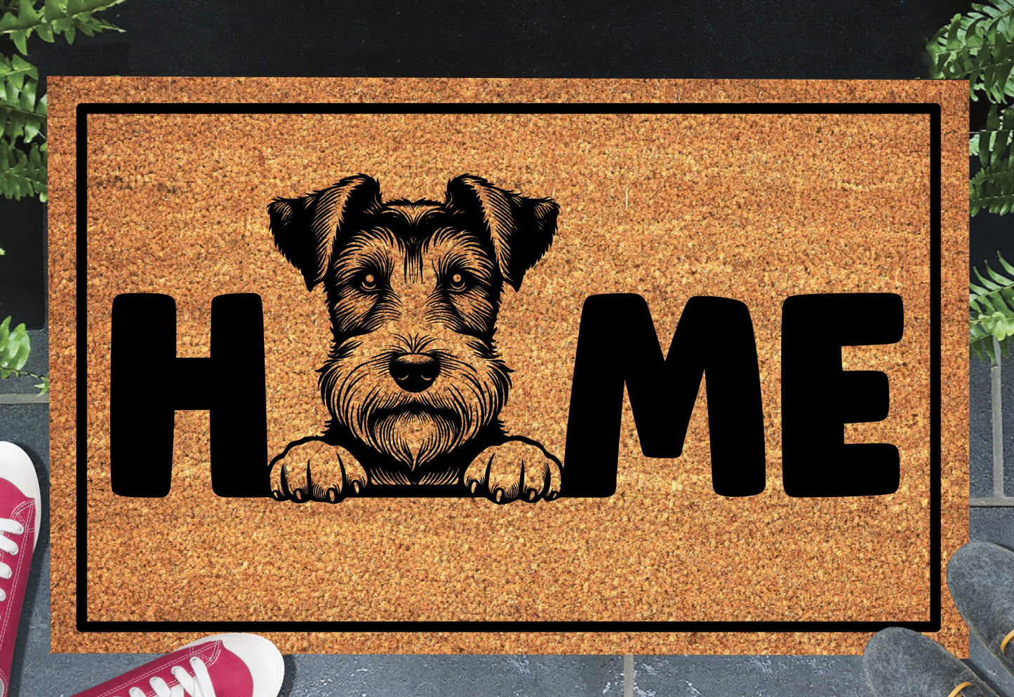 Fox Terrier coir doormat with home text displayed in doorway entryway