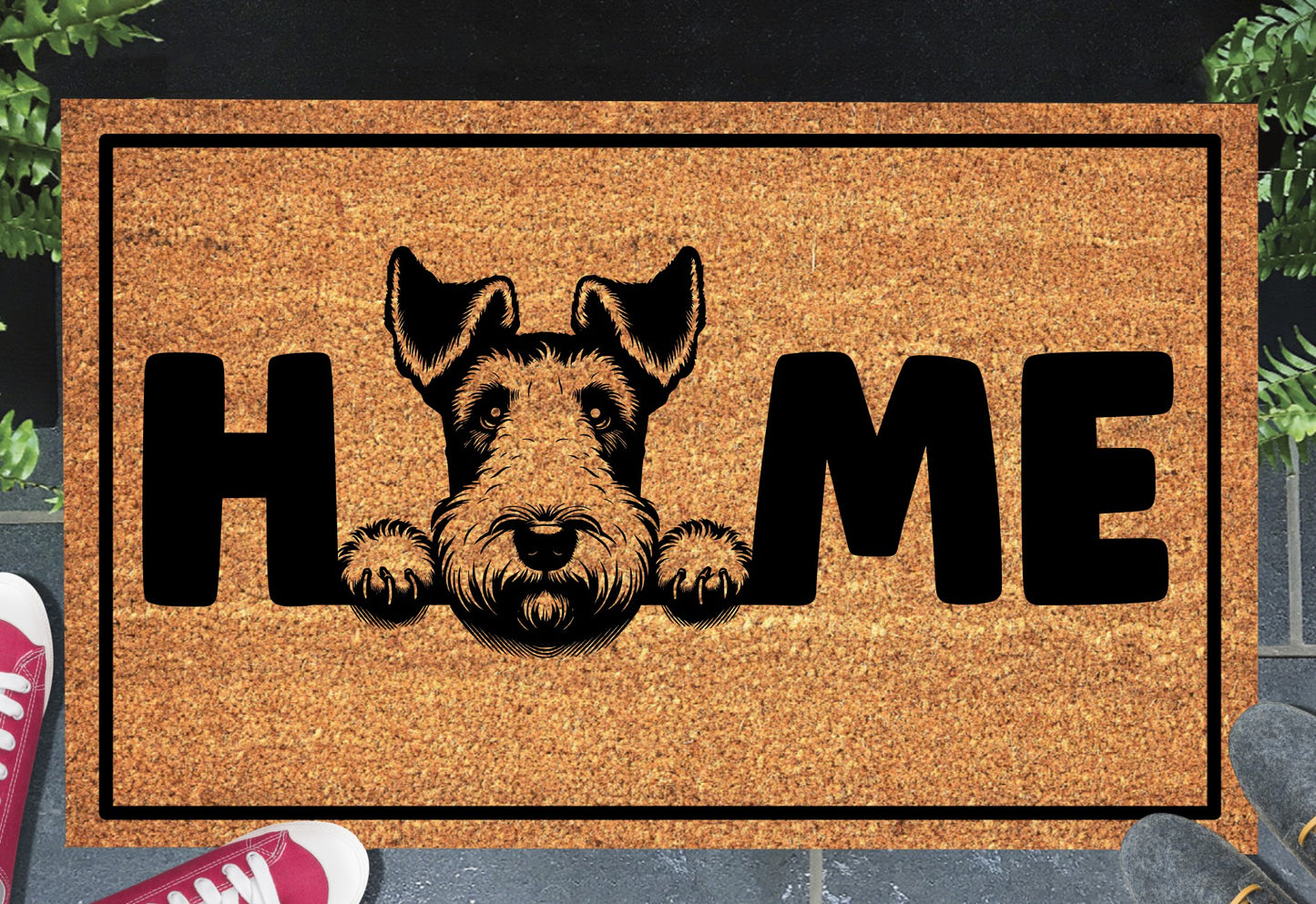 Fox Terrier doormat with HOME text - natural coir welcome mat with Fox Terrier design - 3 sizes available