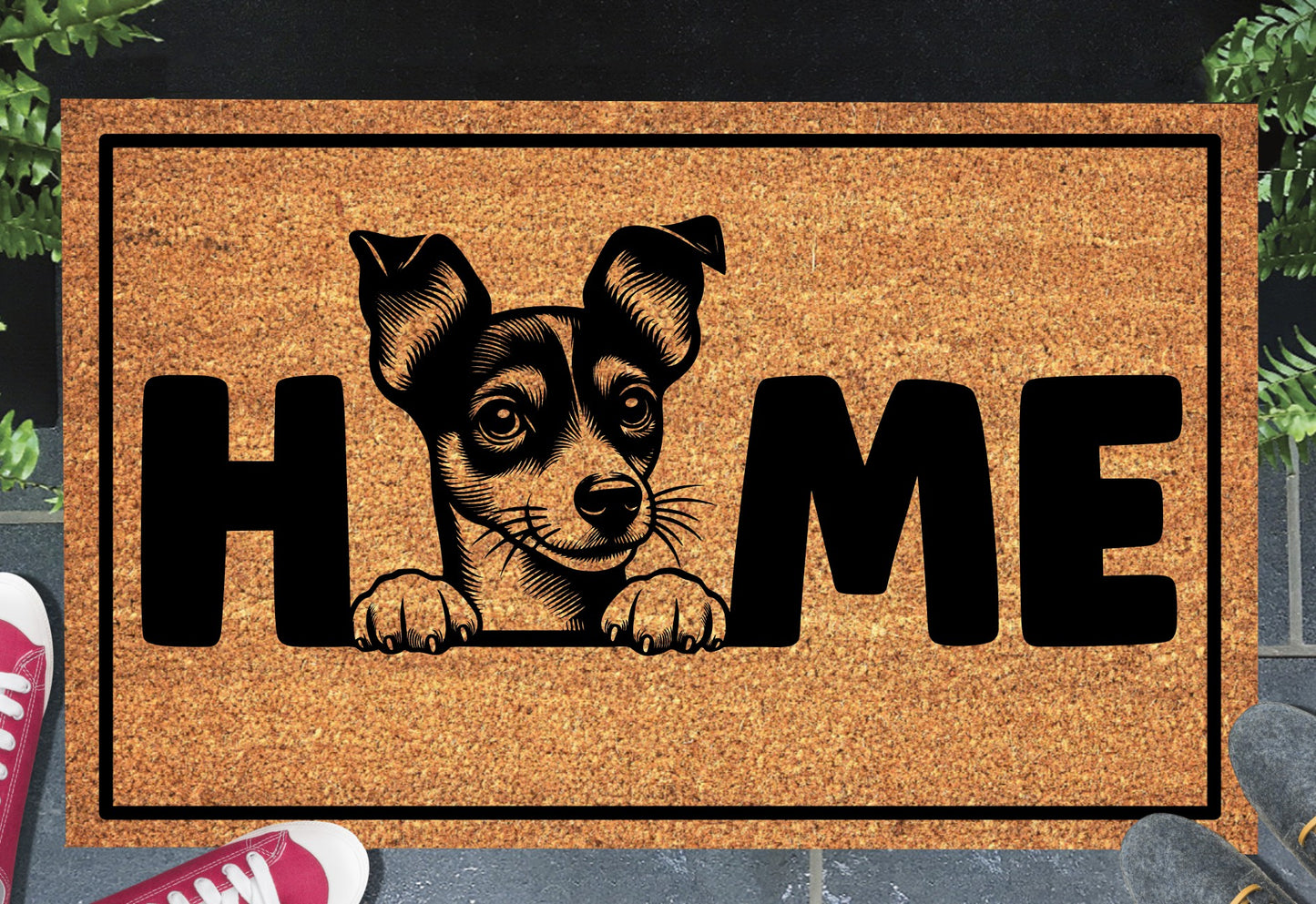 Toy Fox Terrier coir doormat with home text displayed in doorway entryway