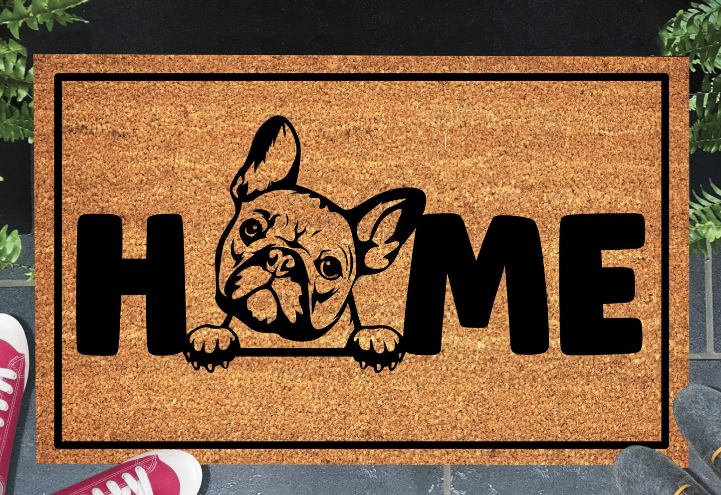 French Bulldog doormat #2 with home text placed at front door entryway