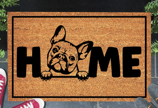 French Bulldog doormat #2 with home text placed at front door entryway